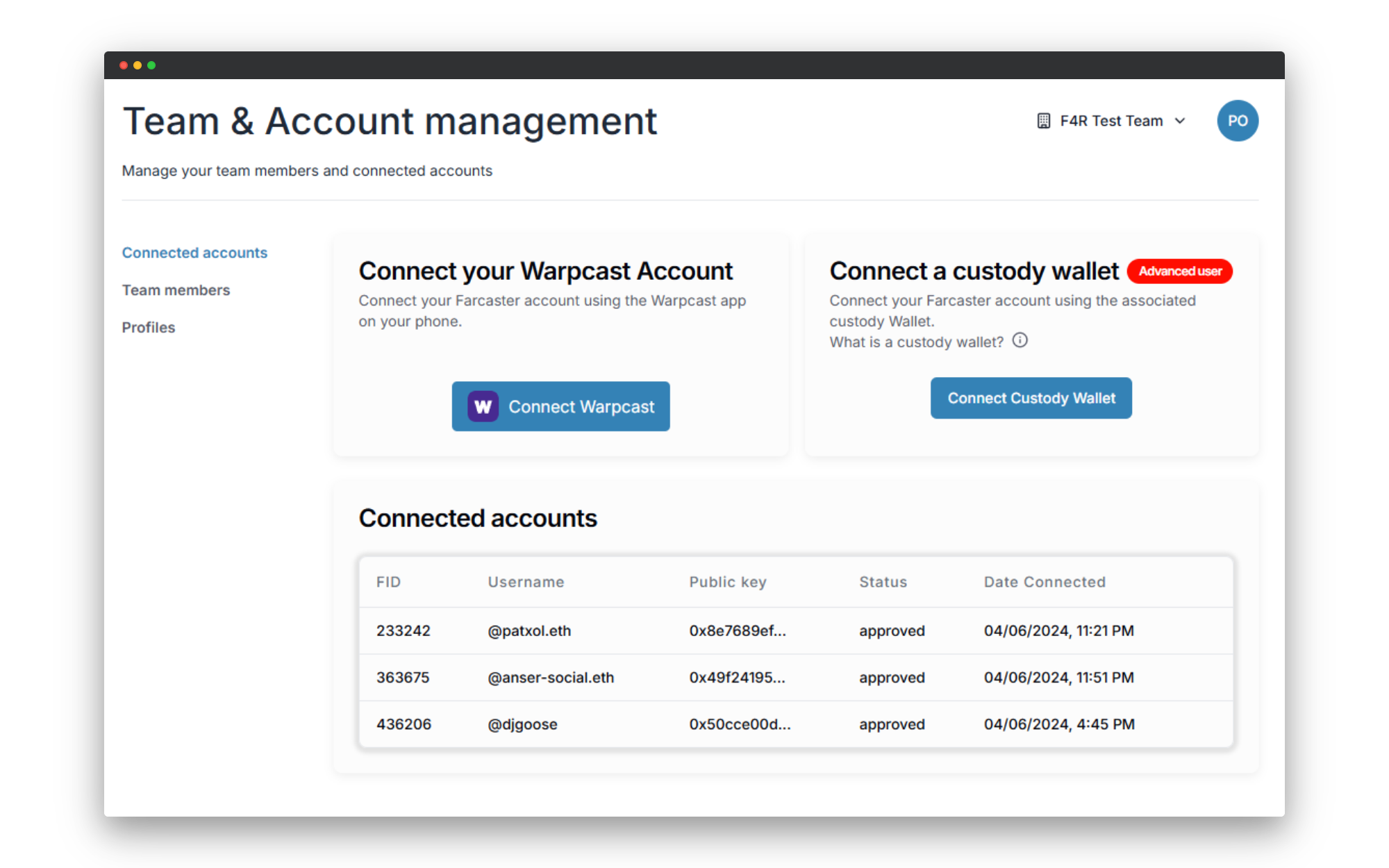 Team and account management feature